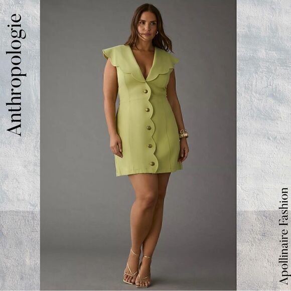 ANTHROPOLOGIE MAEVE SCALLOPED MINI DRESS IN CHARTREUSE IN XL NWT - Picture 3 of 9